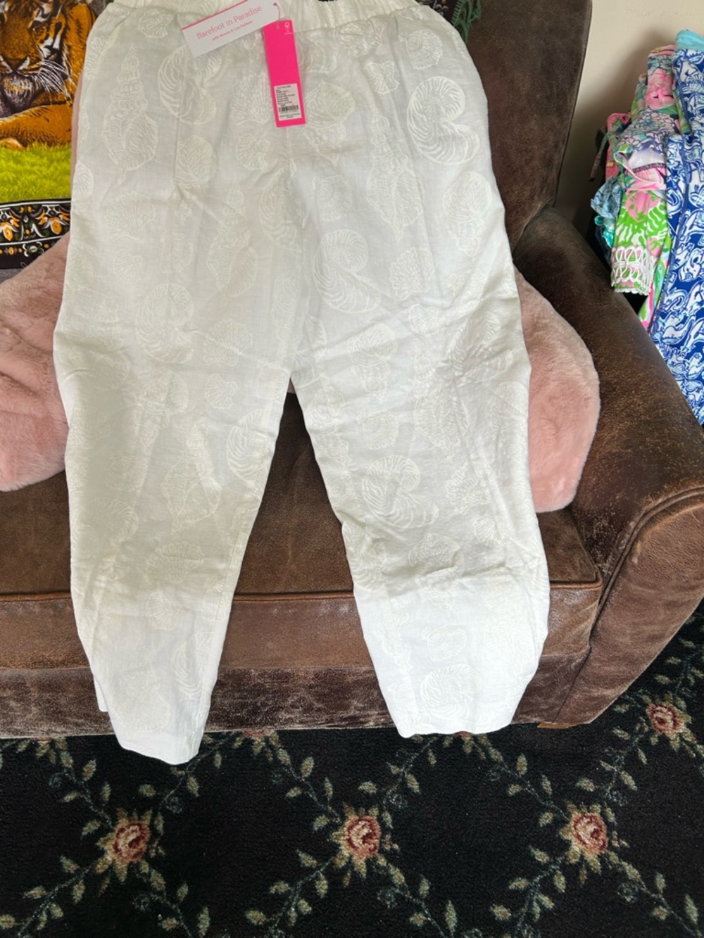 Lilly Pulitzer NWT White Textured Linen Pants with Shell Motif